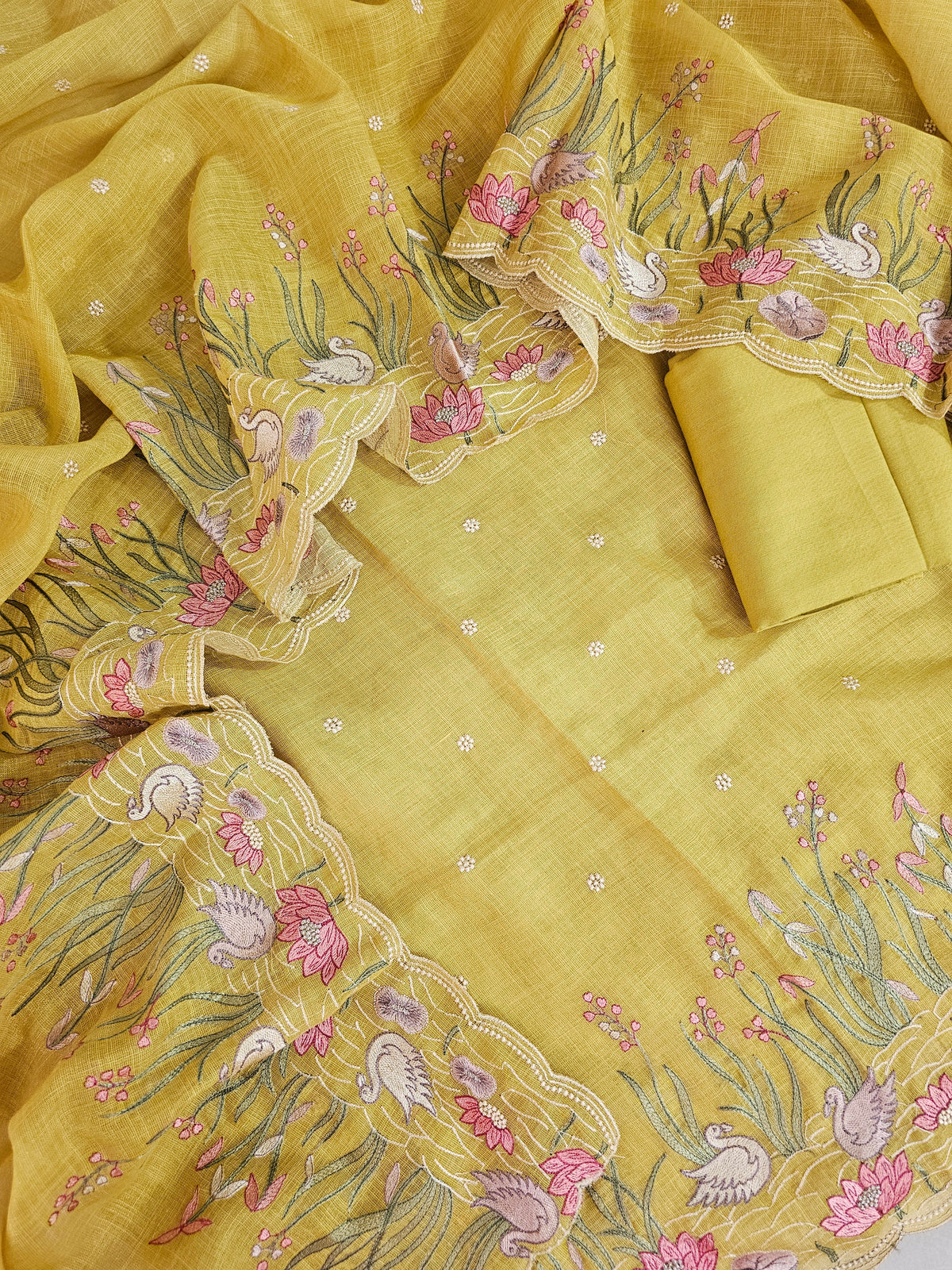 Linen Tissue Unstitched Salwar Suit  -  Yellow