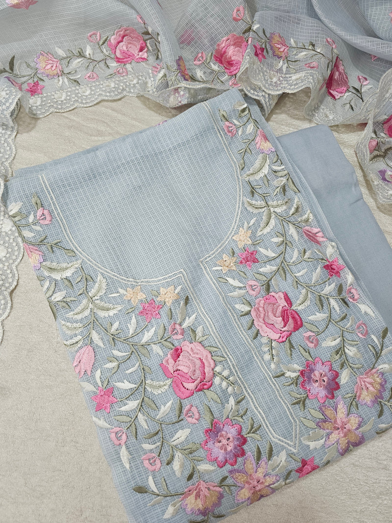 Semi Tussar Kota with Heavy Work Unstitched Salwar - Grey