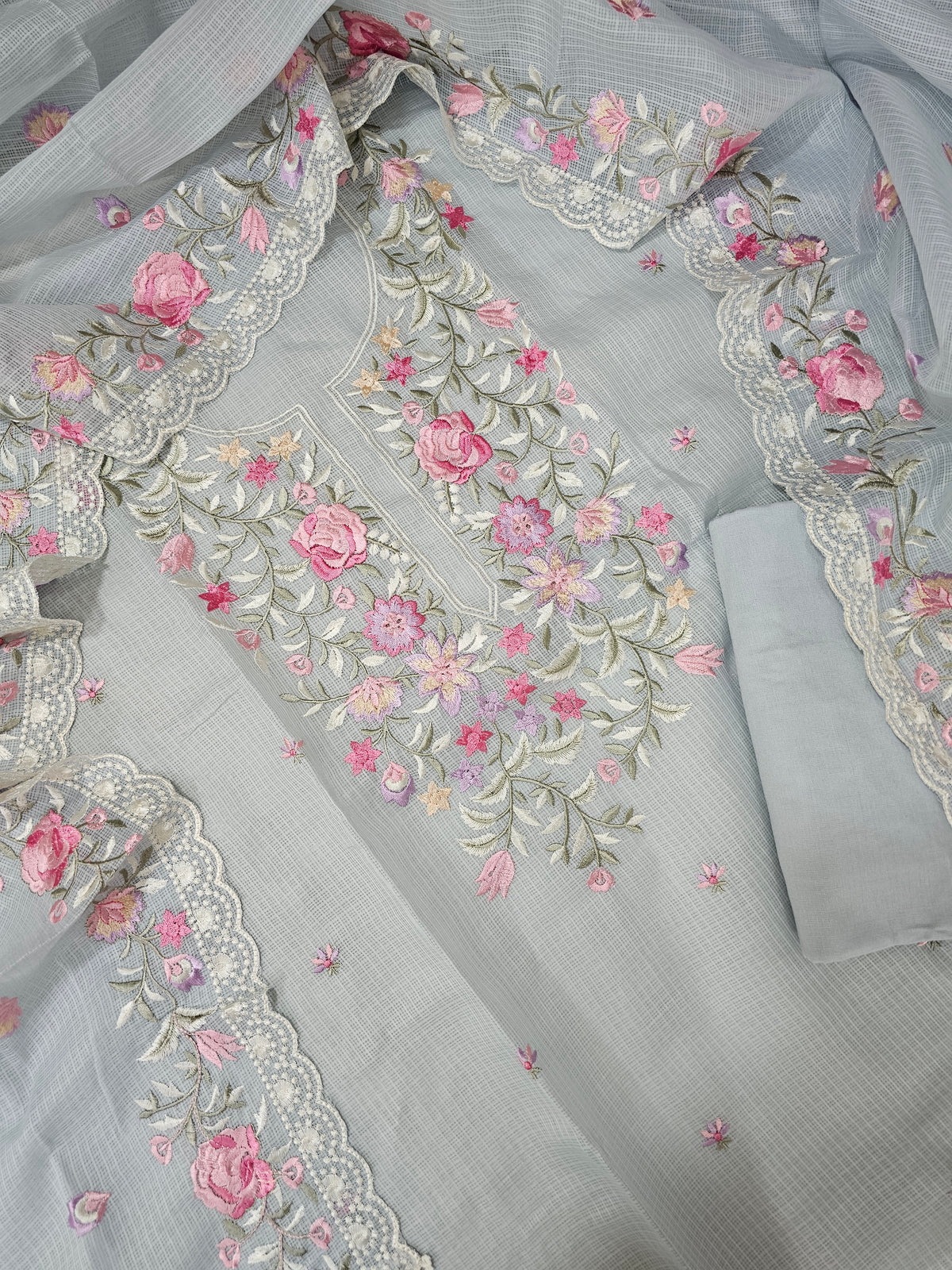 Semi Tussar Kota with Heavy Work Unstitched Salwar - Grey