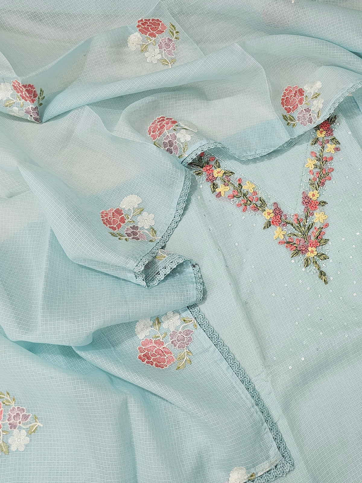 Semi Tussar Kota with Heavy HandWork  Unstitched Salwar - Pastel Blue