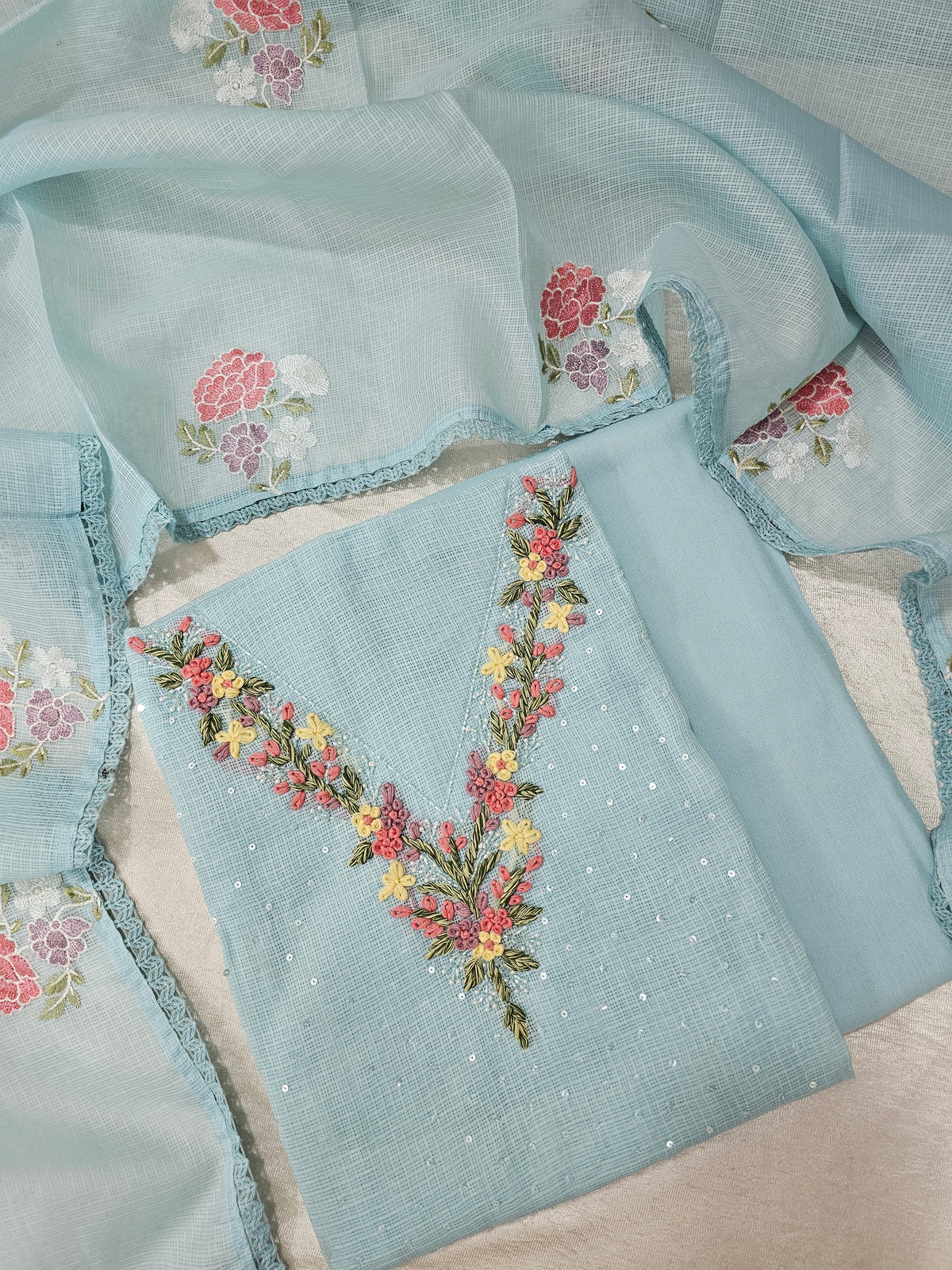 Semi Tussar Kota with Heavy HandWork  Unstitched Salwar - Pastel Blue