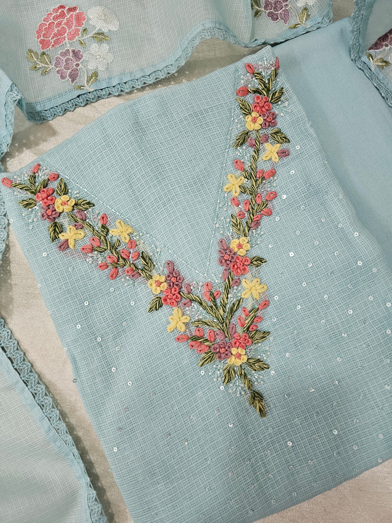 Semi Tussar Kota with Heavy HandWork  Unstitched Salwar - Pastel Blue