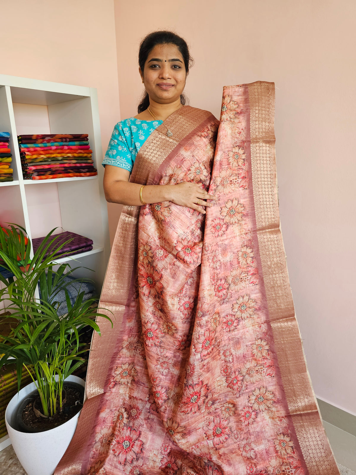 Semi Tussar with Classy Borders  - Peach