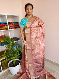 Semi Tussar with Classy Borders  - Peach