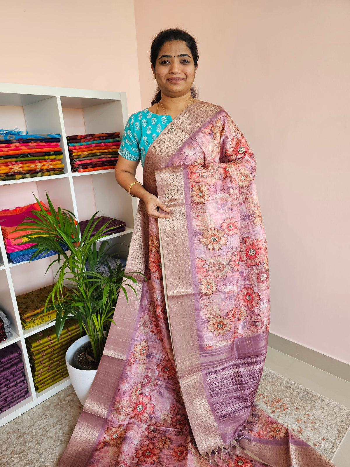 Semi Tussar with Classy Borders  - Pink