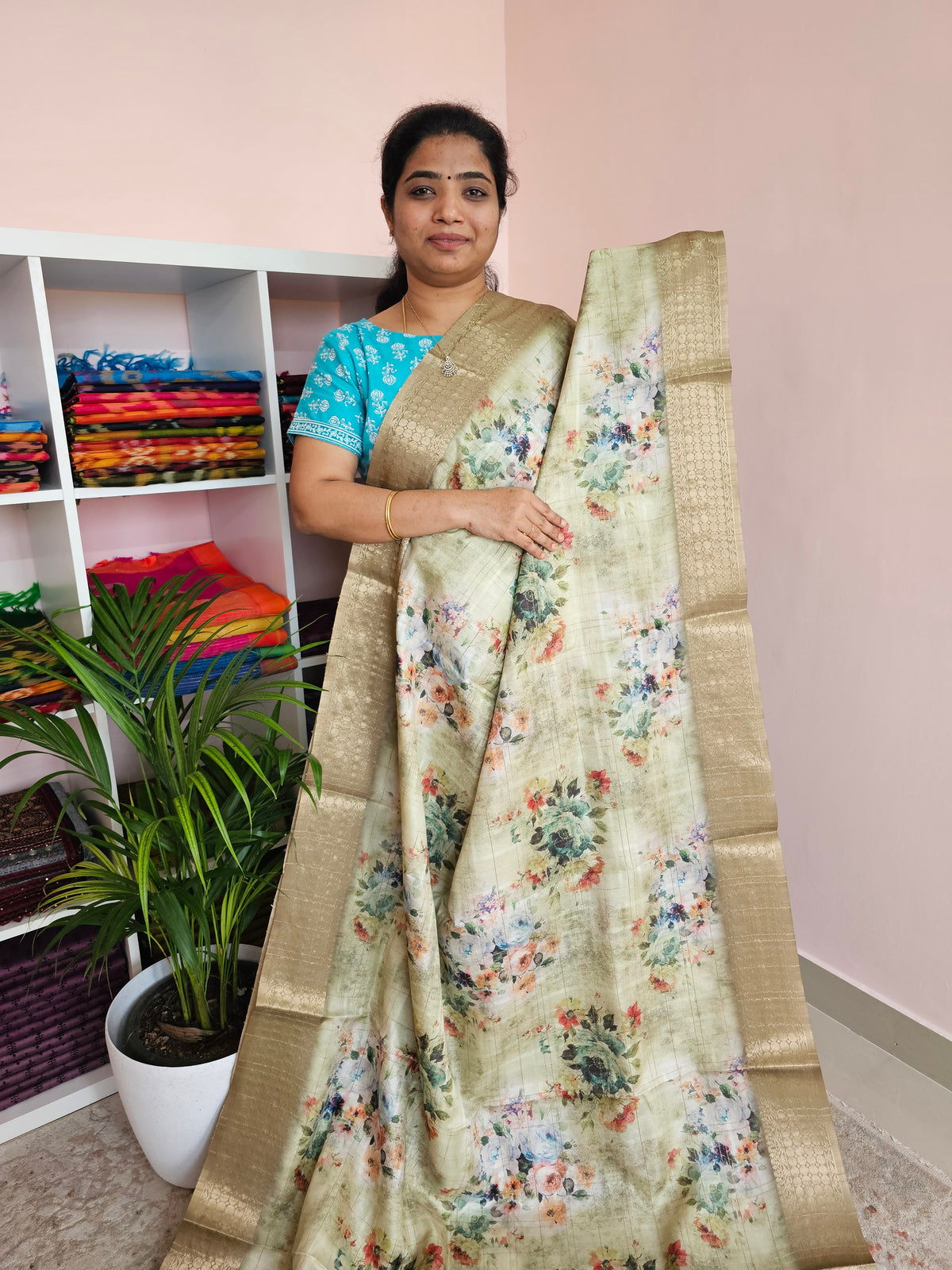 Semi Tussar with Classy Borders  - Green