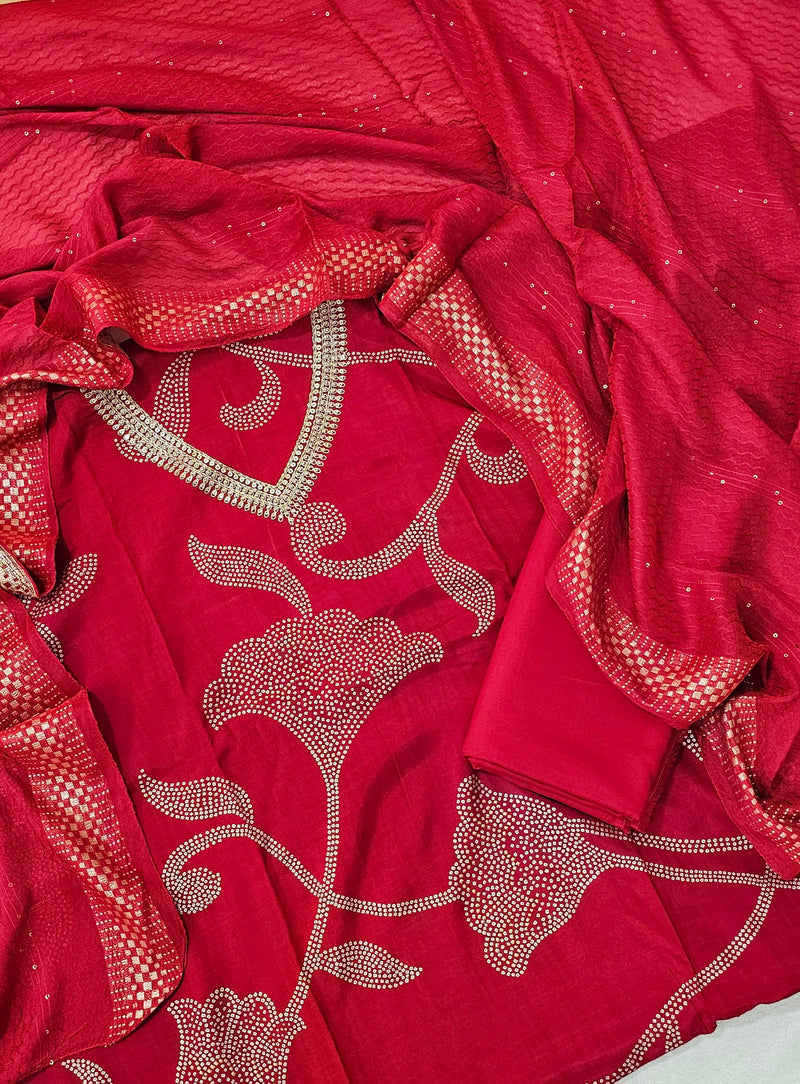 Modal Silk Unstitched Salwar - Red