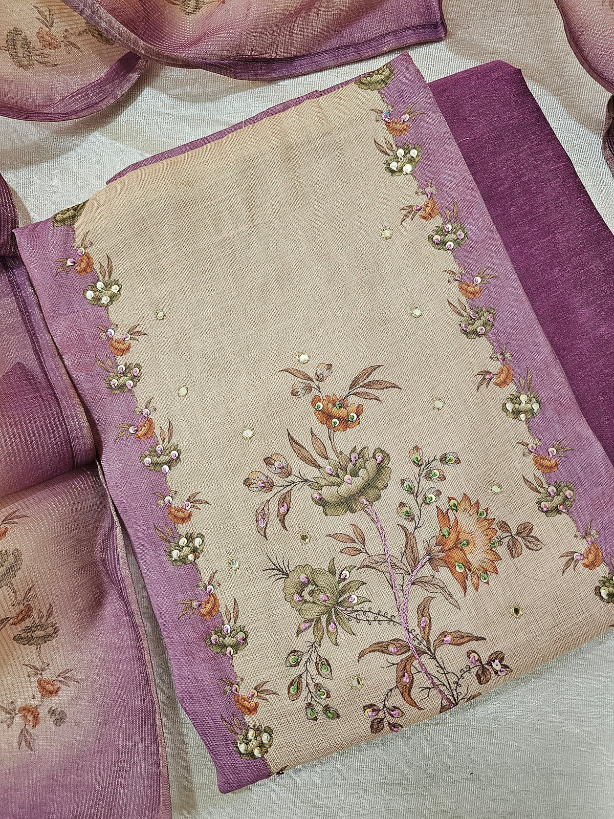 Linen Silk Bledned Tissue Unstitched Salwar Suit  - Lavender