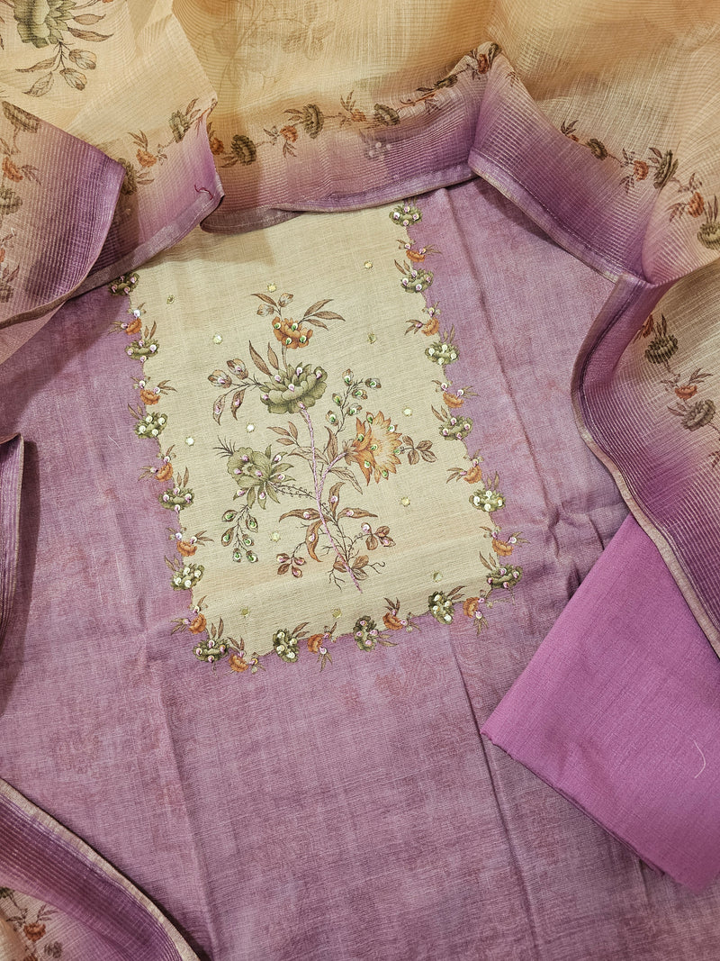 Linen Silk Bledned Tissue Unstitched Salwar Suit  - Lavender
