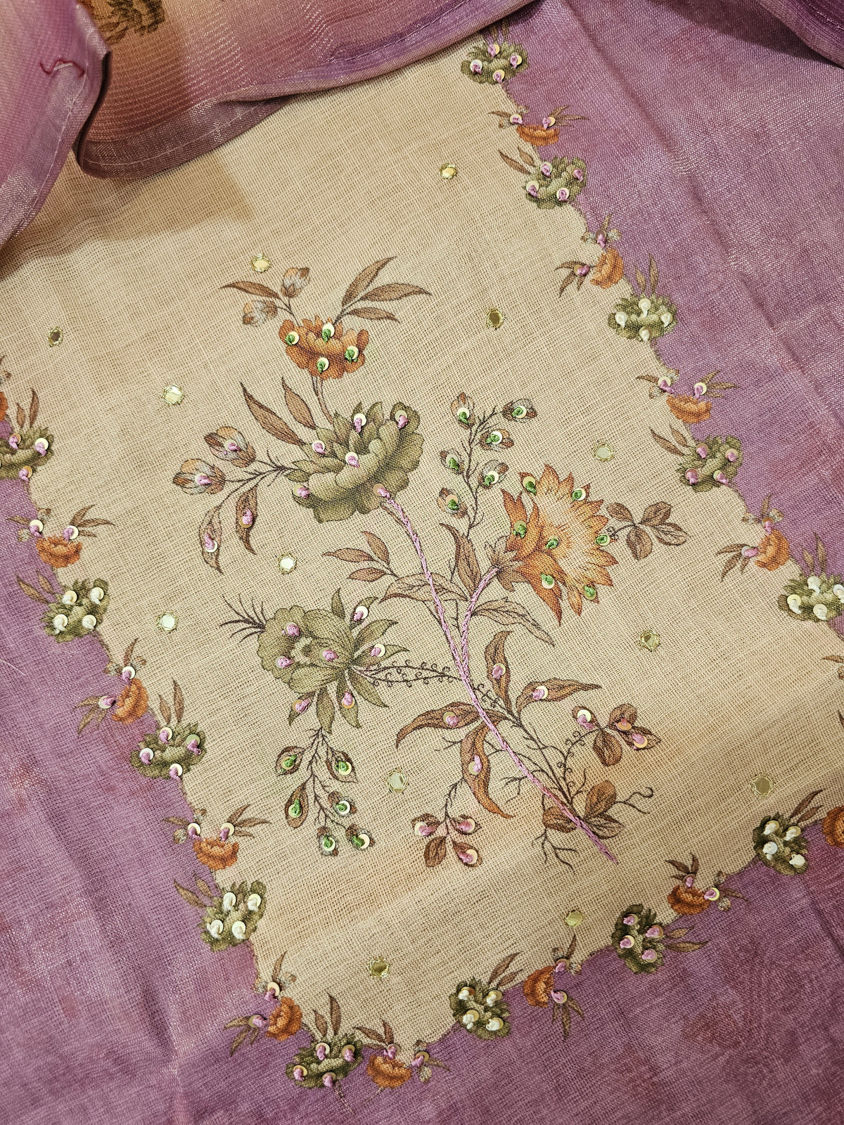 Linen Silk Bledned Tissue Unstitched Salwar Suit  - Lavender