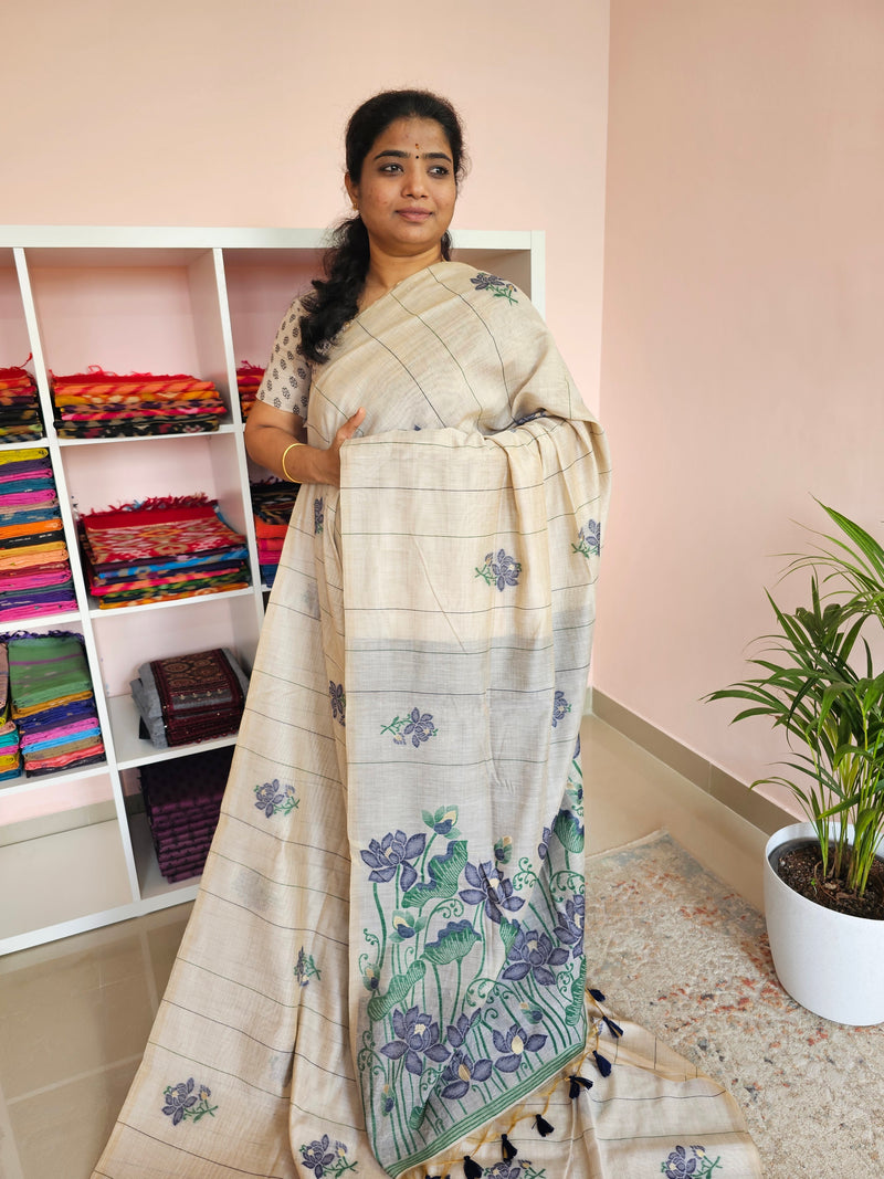Soft Cotton with Weaving Floral Pattern  - Cream with Grey