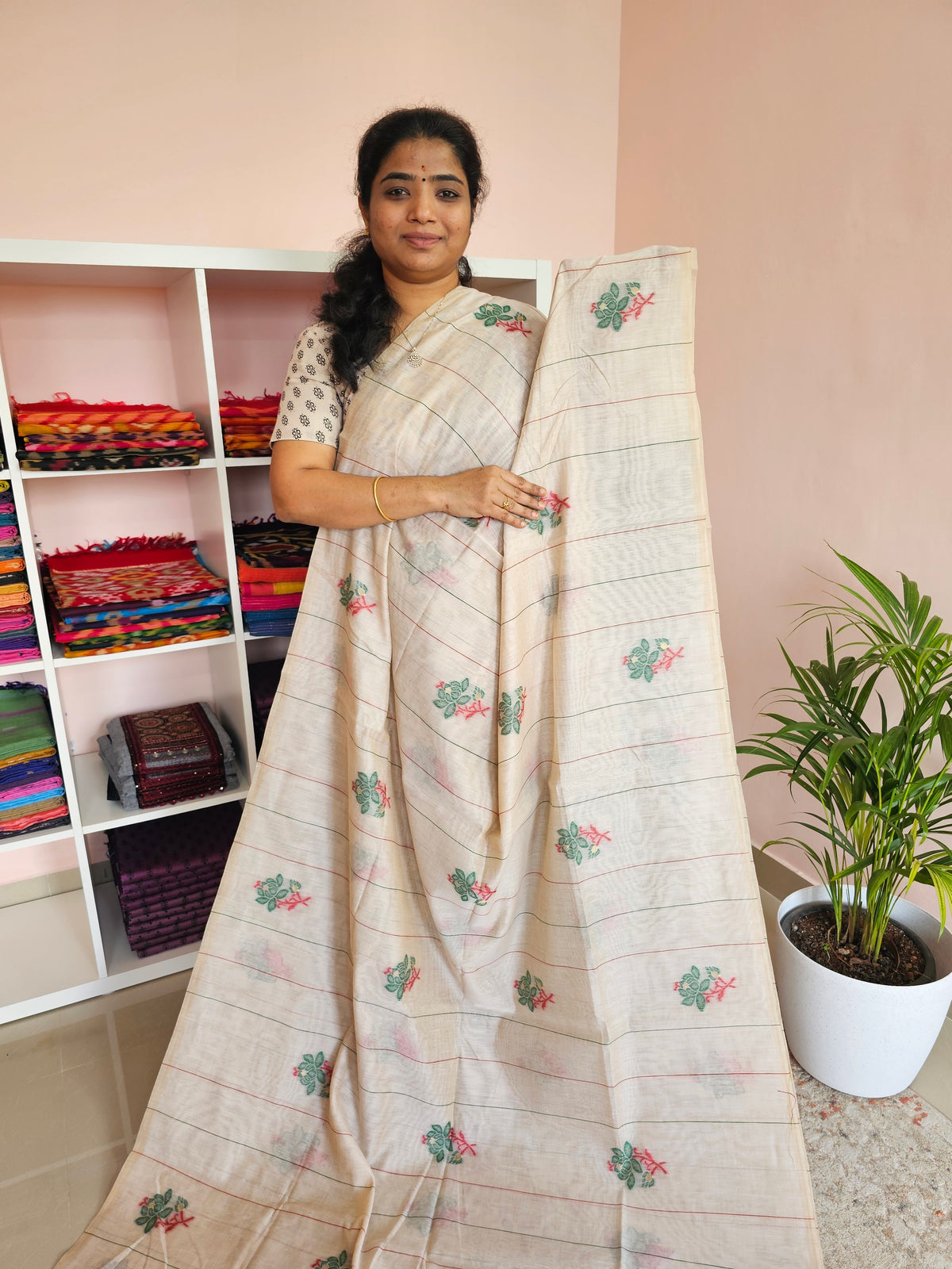Soft Cotton with Weaving Floral Pattern  - Cream with Green