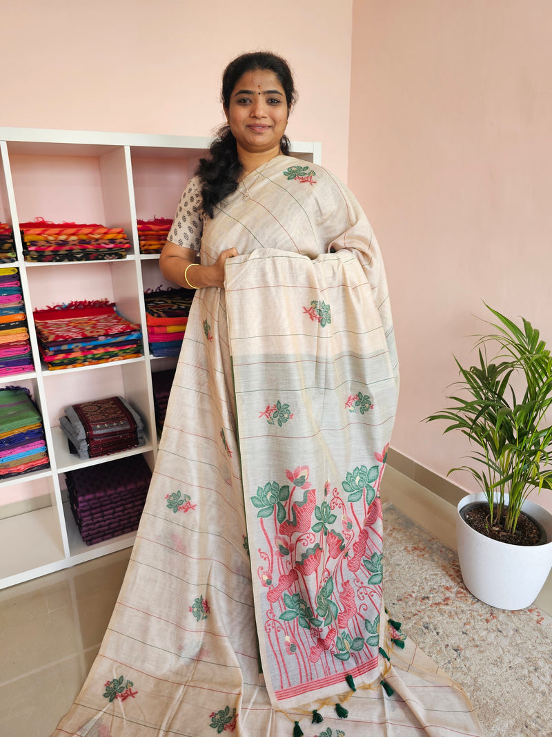 Soft Cotton with Weaving Floral Pattern  - Cream with Green