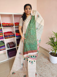 Soft Cotton with Weaving Floral Pattern  - Cream with Green