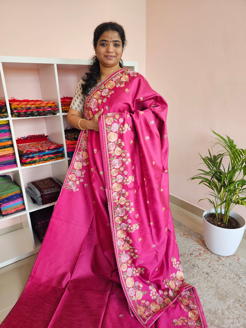 Semi Raw Silk with Emboridery - Pink