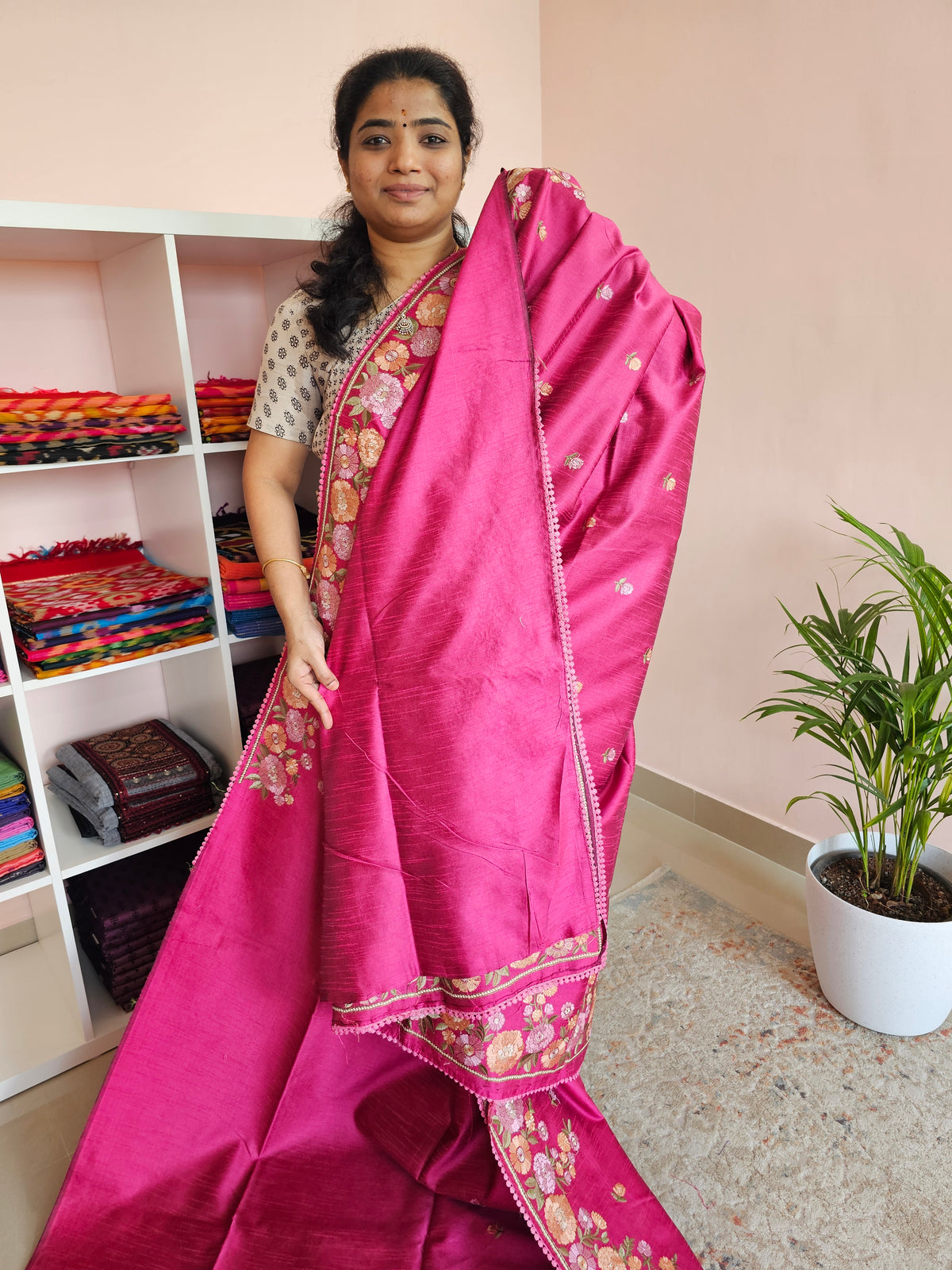 Semi Raw Silk with Emboridery - Pink