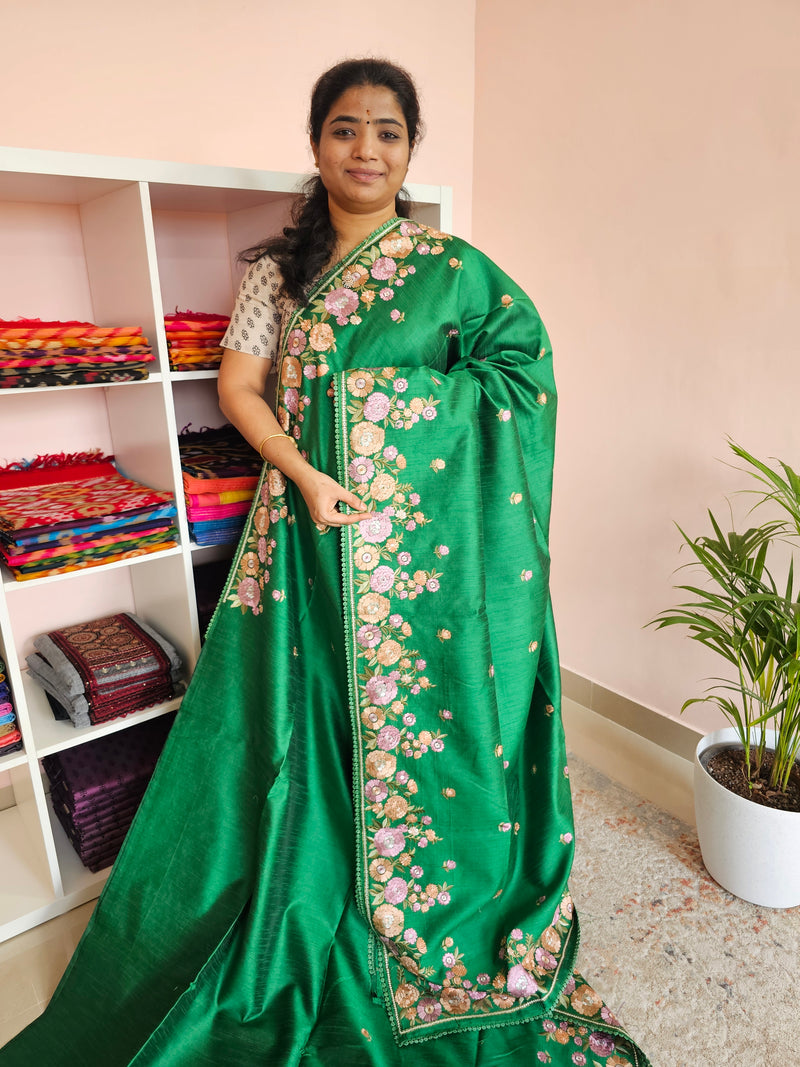 Semi Raw Silk with Emboridery - Dark Green
