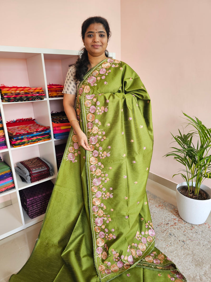 Semi Raw Silk with Emboridery - Green