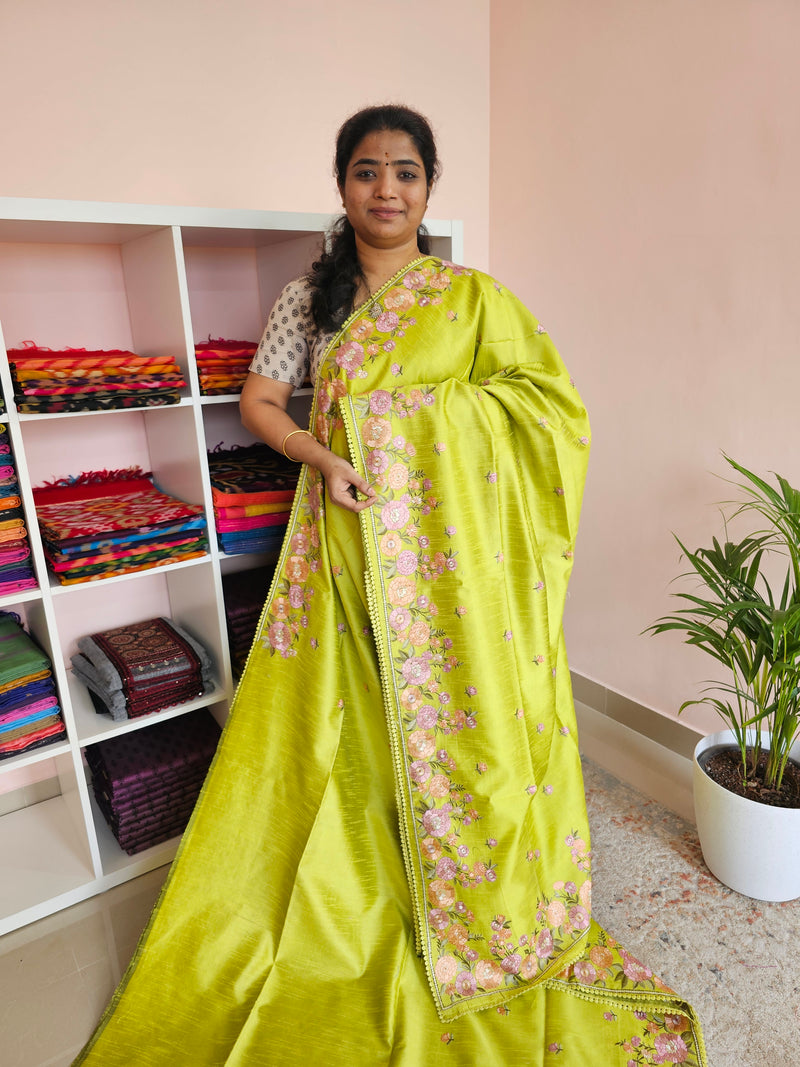 Semi Raw Silk with Emboridery - Neon Green