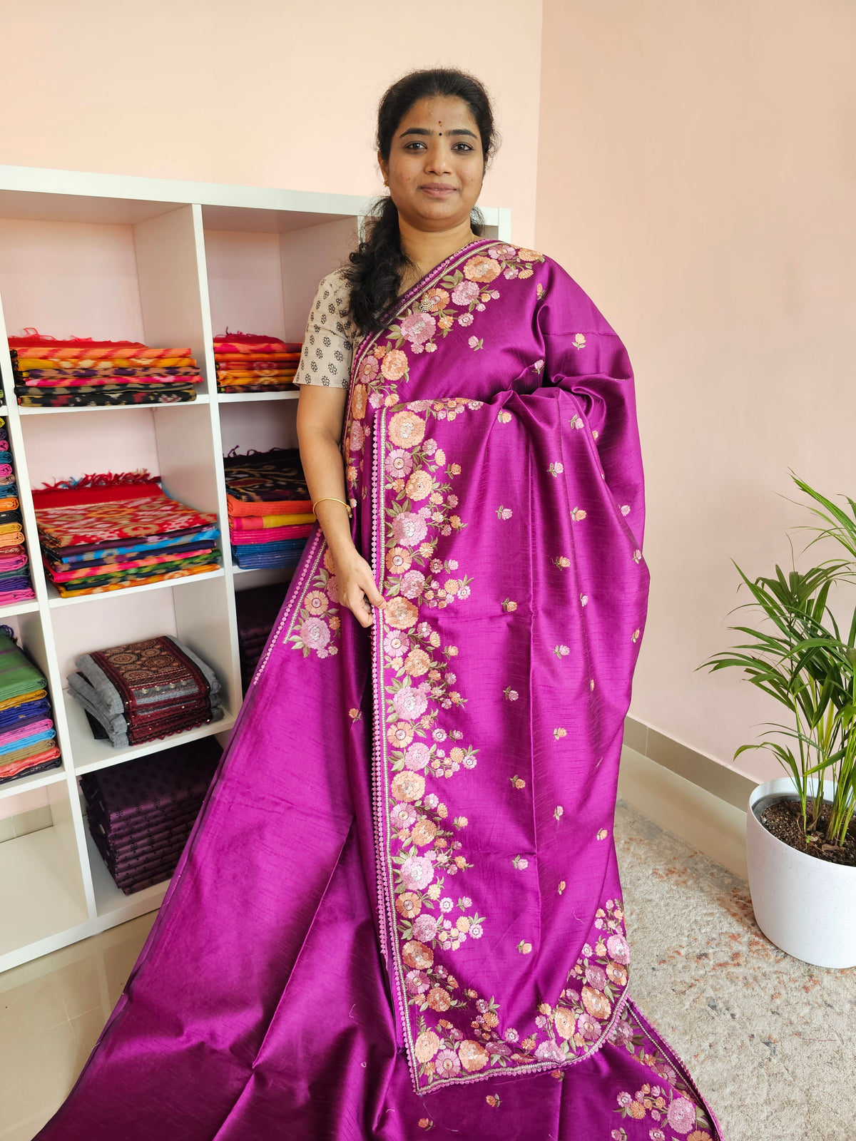 Semi Raw Silk with Emboridery - Magenta Pink