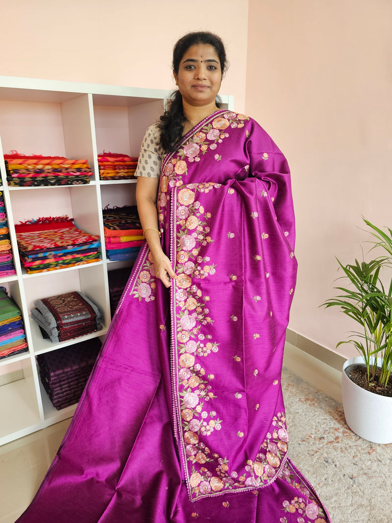 Semi Raw Silk with Emboridery - Magenta Pink