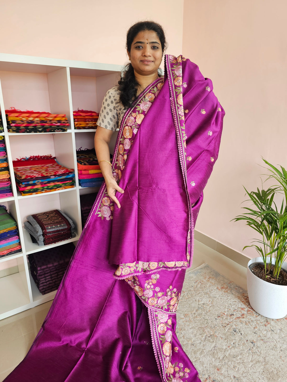 Semi Raw Silk with Emboridery - Magenta Pink