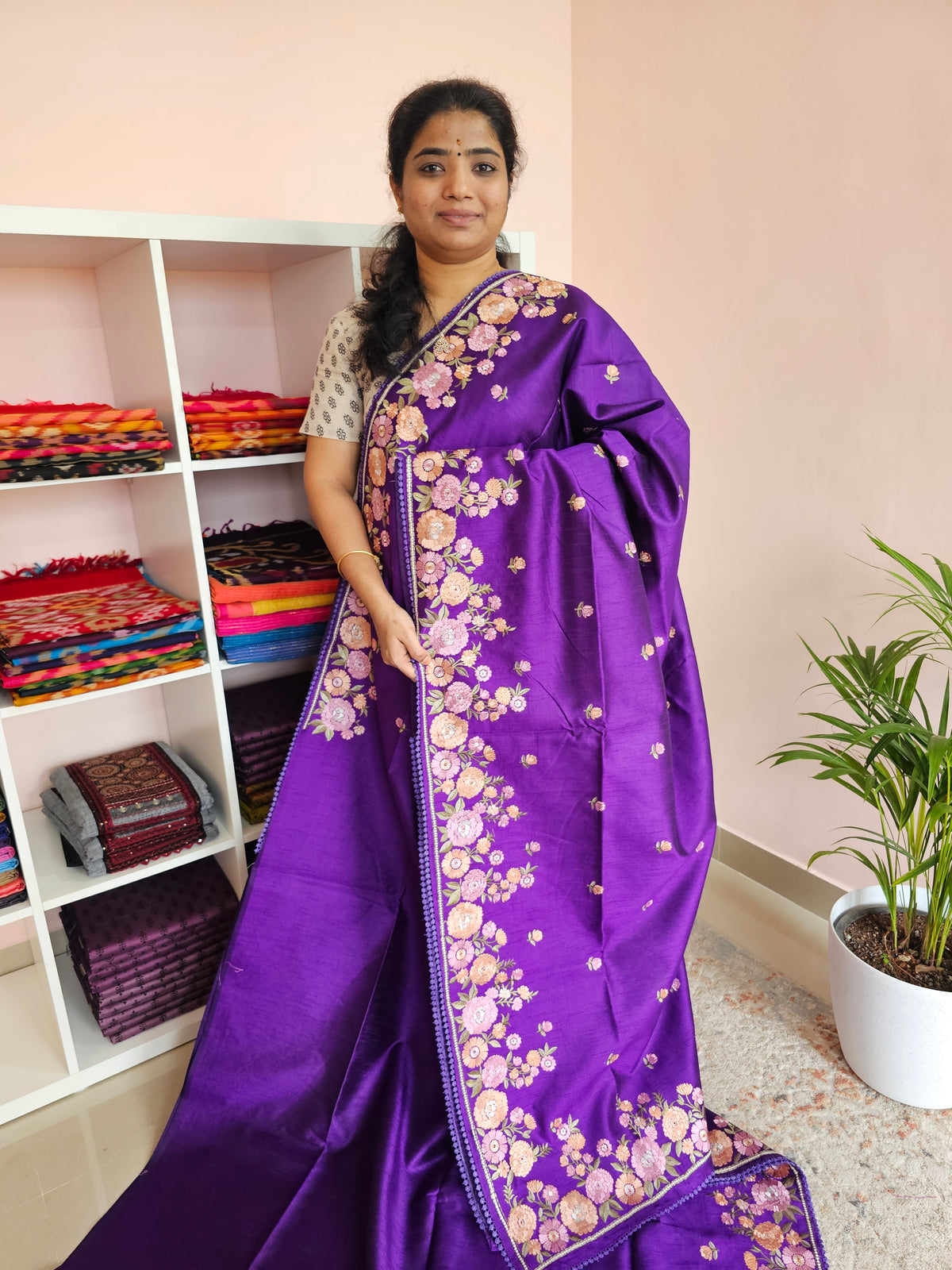 Semi Raw Silk with Emboridery -  Purple