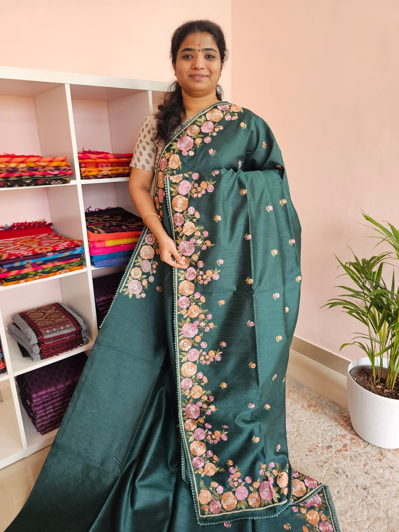 Semi Raw Silk with Emboridery - Dark Green