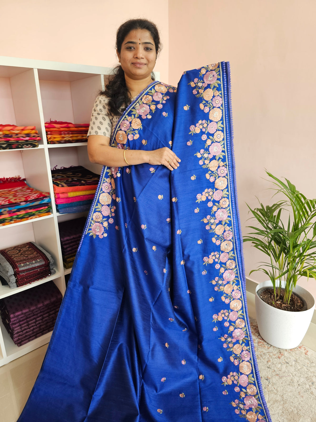 Semi Raw Silk with Emboridery - Blue