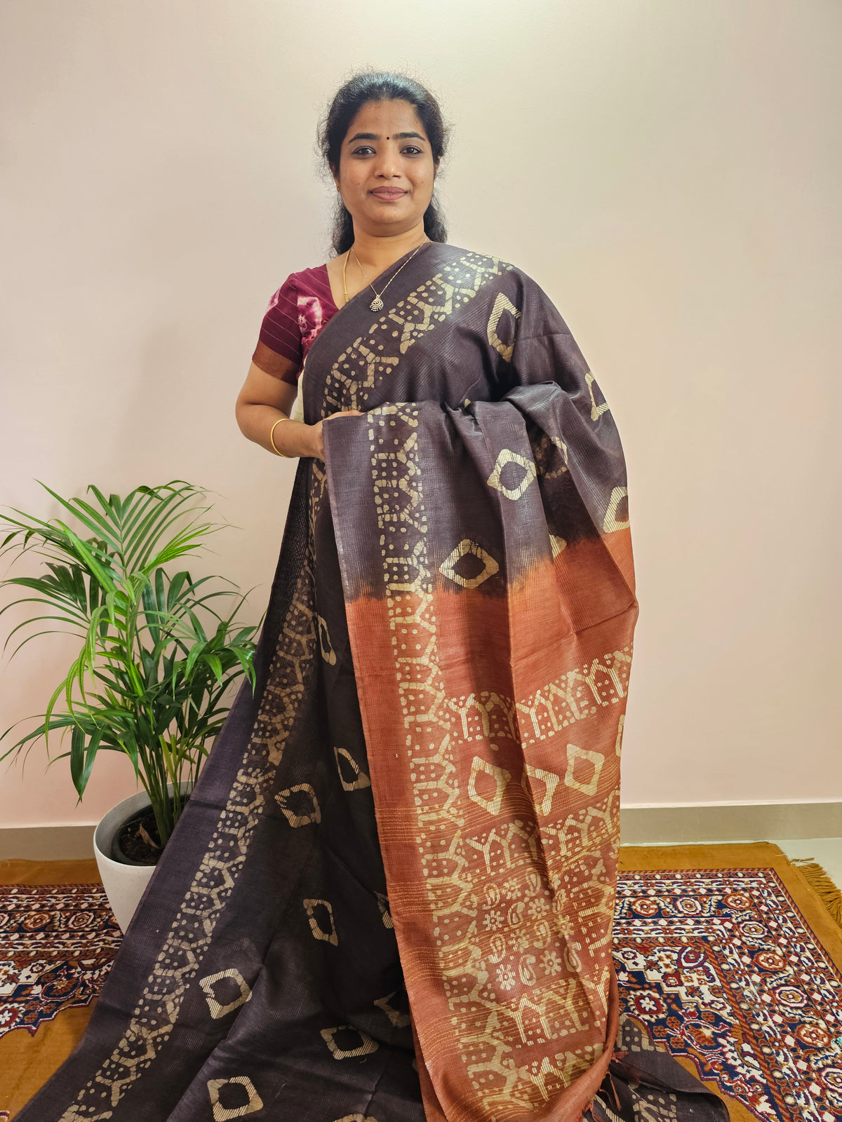 Bhagalpuri with Batik Print - Brown with Honey Brown