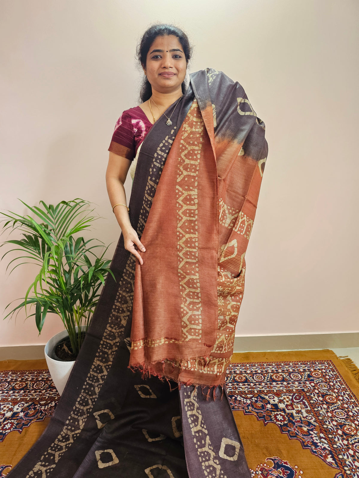 Bhagalpuri with Batik Print - Brown with Honey Brown