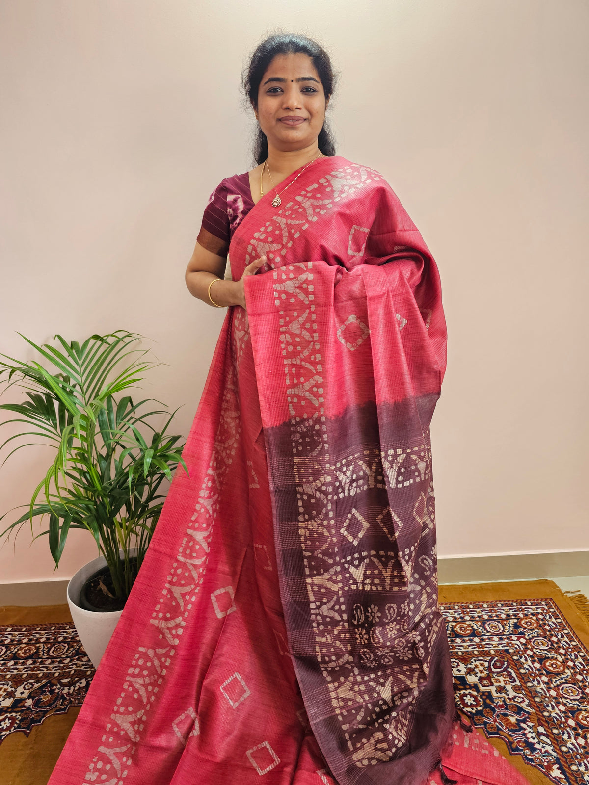 Bhagalpuri with Batik Print - Pink with Maroon