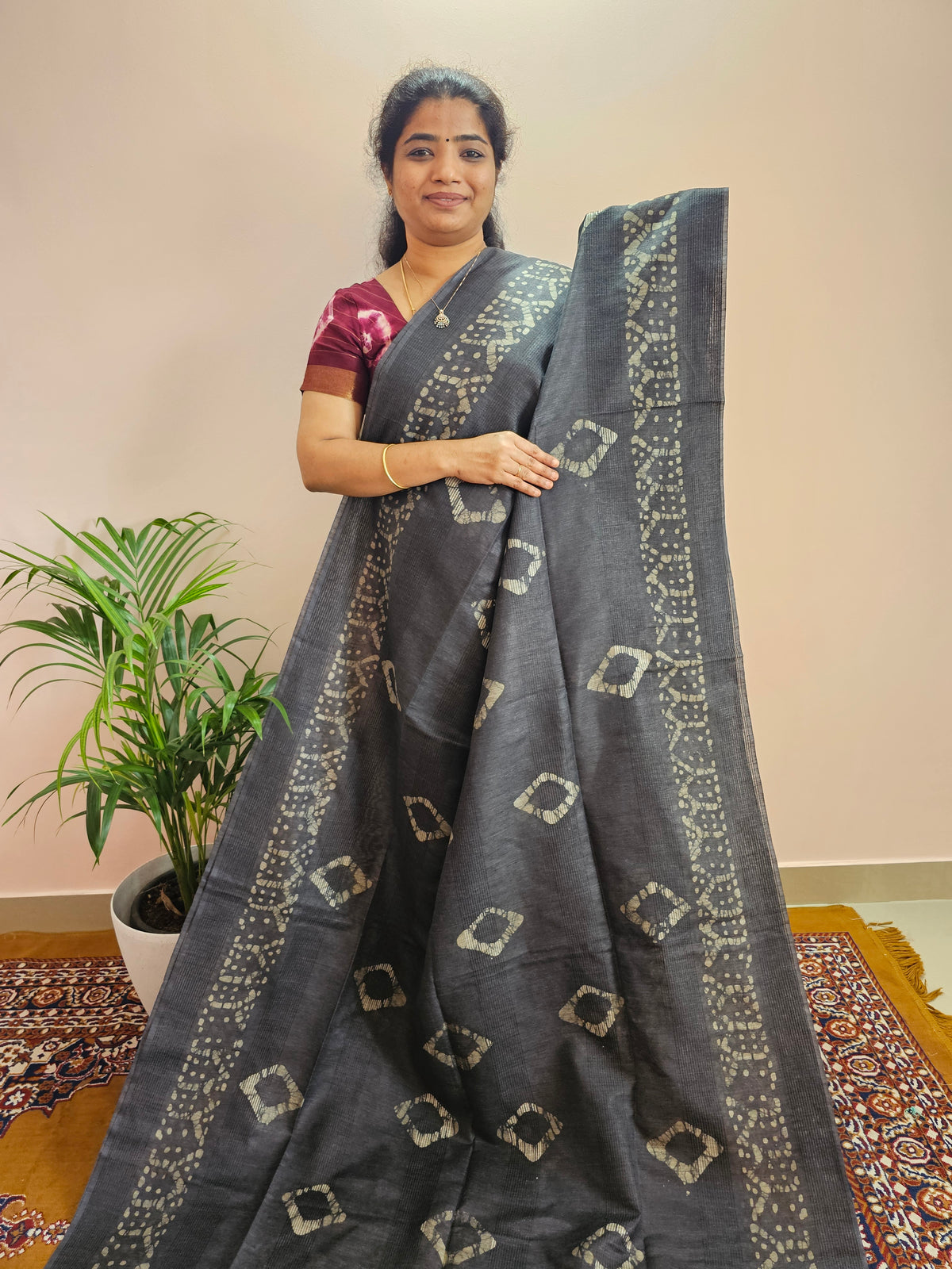 Bhagalpuri with Batik Print - Grey with Sea Green