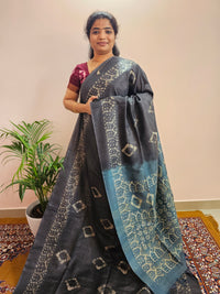 Bhagalpuri with Batik Print - Grey with Sea Green