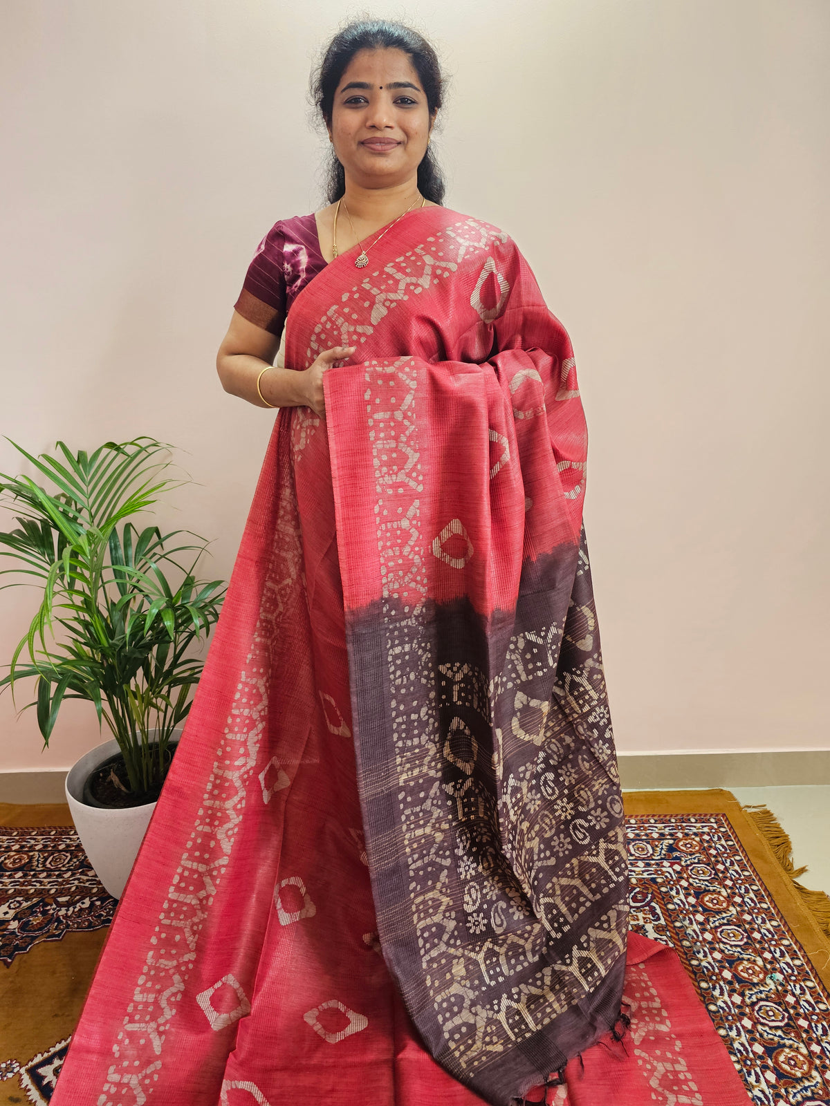 Bhagalpuri with Batik Print - Pink with Maroon