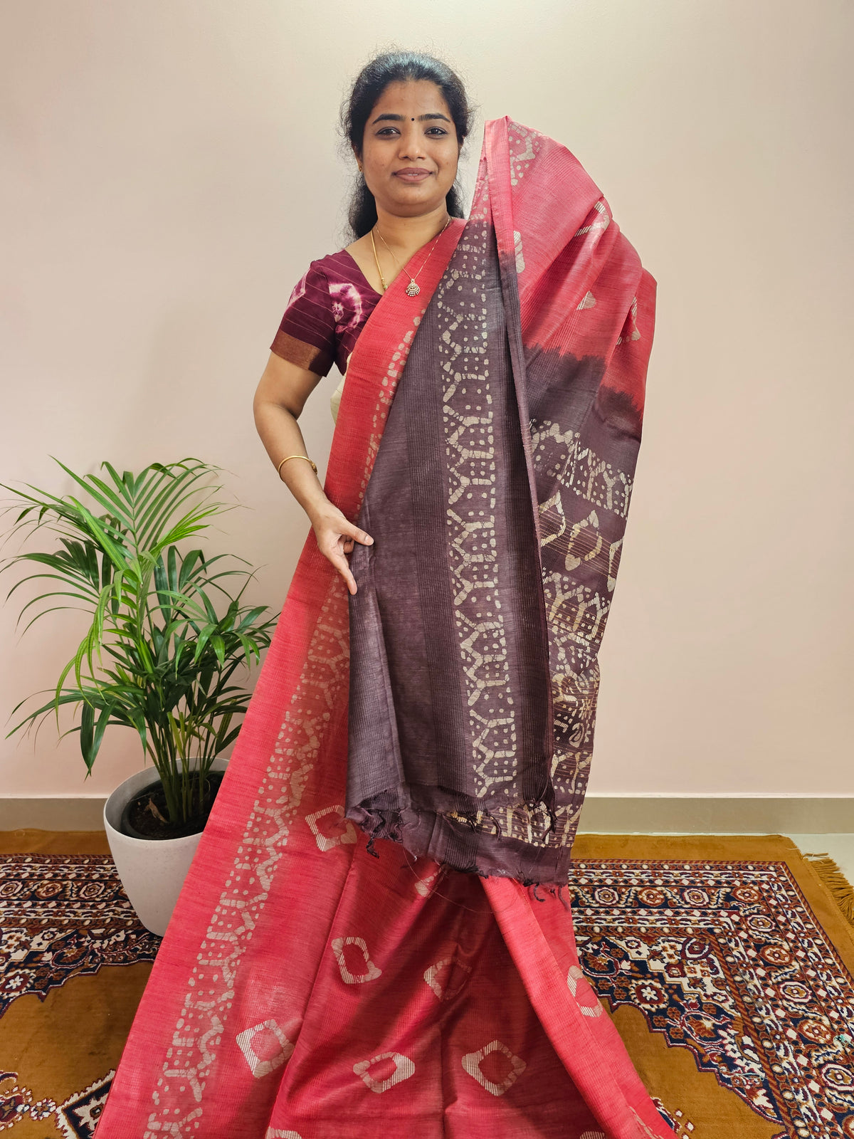 Bhagalpuri with Batik Print - Pink with Maroon
