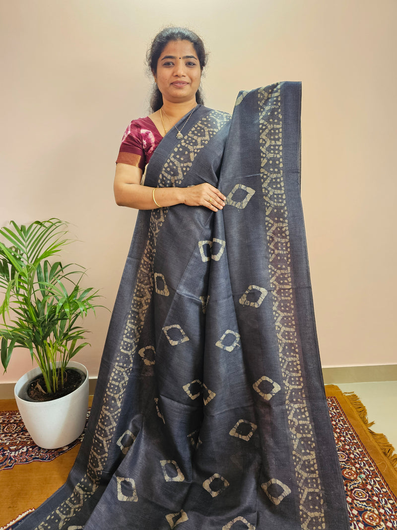 Bhagalpuri with Batik Print - Dark Blue with Pink