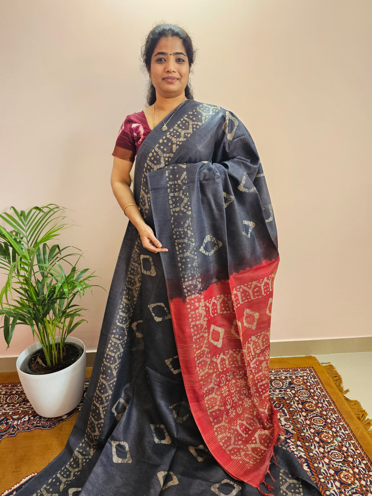 Bhagalpuri with Batik Print - Dark Blue with Pink