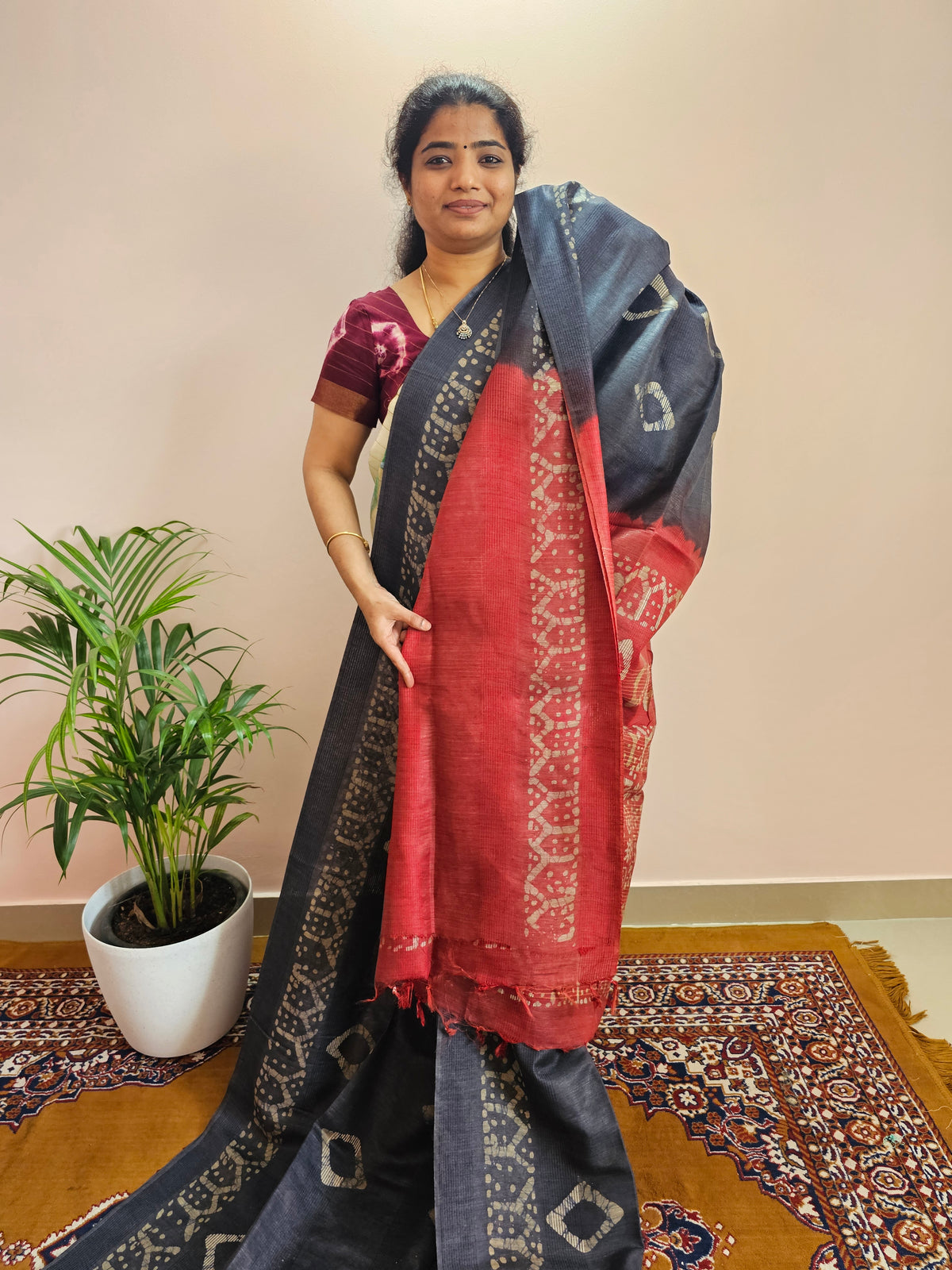 Bhagalpuri with Batik Print - Dark Blue with Pink