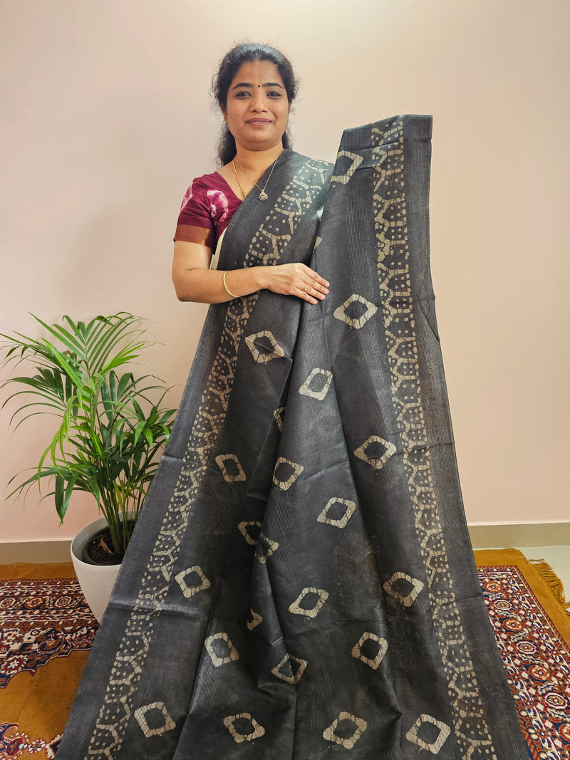 Bhagalpuri with Batik Print - Grey with Maroon