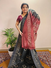 Bhagalpuri with Batik Print - Grey with Maroon