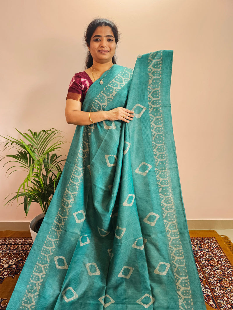 Bhagalpuri with Batik Print - Sea Green with Dark Blue