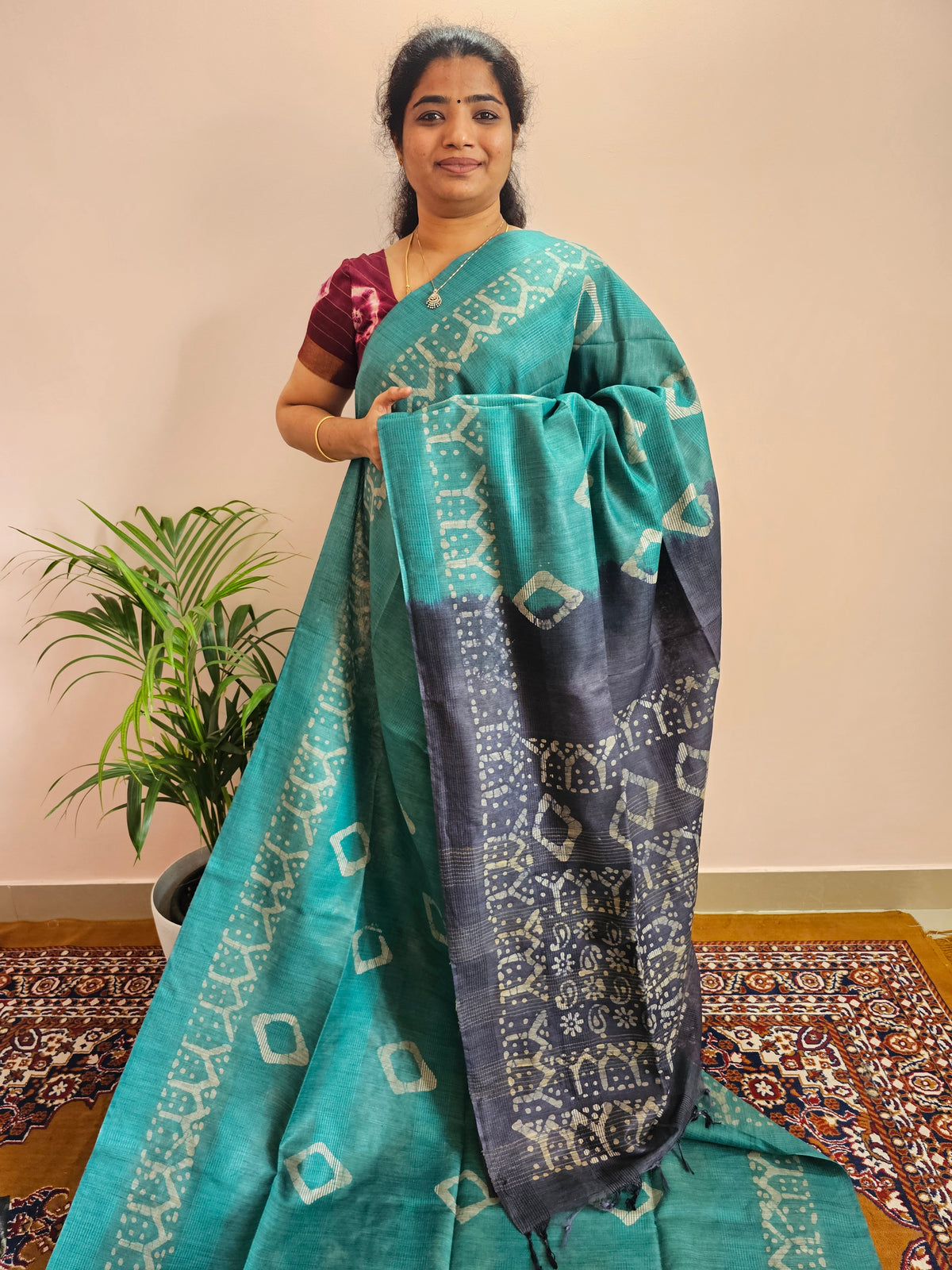Bhagalpuri with Batik Print - Sea Green with Dark Blue