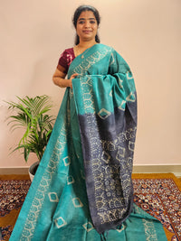 Bhagalpuri with Batik Print - Sea Green with Dark Blue
