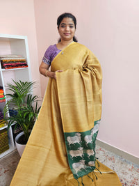 Soft Semi Tussar Checks Weaving with Pichwai Pattern - Yellow with Green