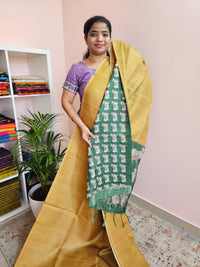 Soft Semi Tussar Checks Weaving with Pichwai Pattern - Yellow with Green