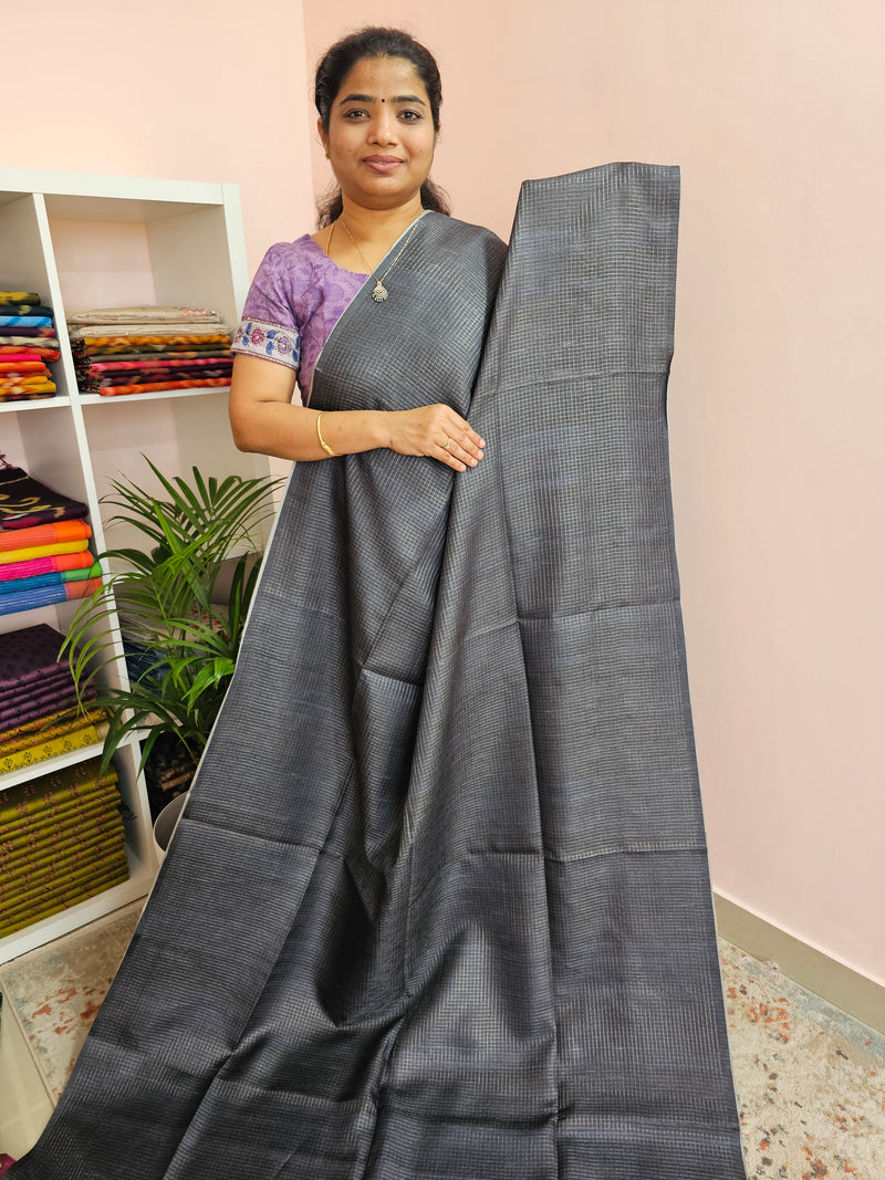 Soft Semi Tussar Checks Weaving with Pichwai Pattern - Grey with Red