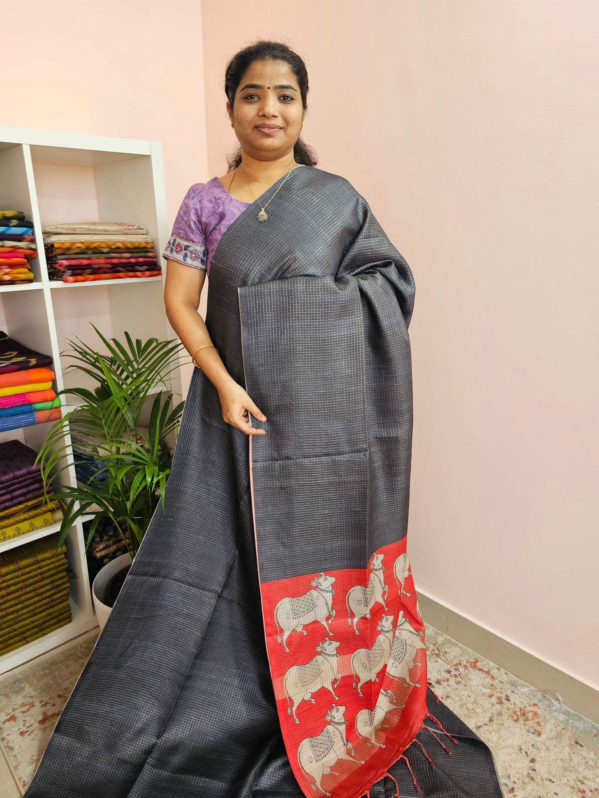 Soft Semi Tussar Checks Weaving with Pichwai Pattern - Grey with Red