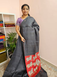 Soft Semi Tussar Checks Weaving with Pichwai Pattern - Grey with Red