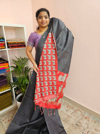 Soft Semi Tussar Checks Weaving with Pichwai Pattern - Grey with Red